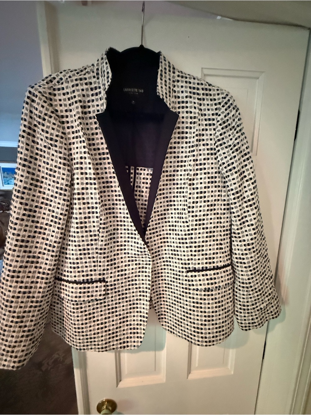 Lafayette 148 New York Black and White Grid-Pattern Open Blazer